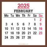 February 2025 Monthly Calendar, Printable Free, Brown, Monday Start
