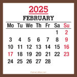 February 2025 Monthly Calendar with Holidays, Printable Free, Brown, Monday Start