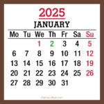 January 2025 Monthly Calendar with UK Holidays, Printable Free, Brown