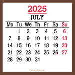 July 2025 Monthly Calendar, Printable Free, Brown, Monday Start