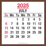 July 2025 Monthly Calendar, Printable Free, Brown, Sunday Start