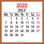 July 2025 Monthly Calendar with Holidays, Printable Free, Beige, Monday Start
