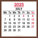 July 2025 Monthly Calendar with Holidays, Printable Free, Brown, Monday Start