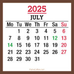 July 2025 Monthly Calendar with UK Holidays, Printable Free, Brown