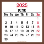 June 2025 Monthly Calendar, Printable Free, Brown, Monday Start