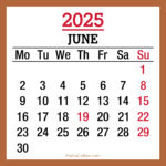 June 2025 Monthly Calendar with Holidays, Printable Free, Beige, Monday Start