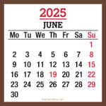 June 2025 Monthly Calendar with Holidays, Printable Free, Brown, Monday Start