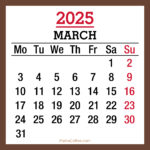 March 2025 Monthly Calendar with Holidays, Printable Free, Brown, Monday Start