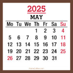 May 2025 Monthly Calendar with Holidays, Printable Free, Brown, Monday Start