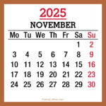 November 2025 Monthly Calendar, Printable Free, Beige, Monday Start