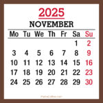 November 2025 Monthly Calendar, Printable Free, Brown, Monday Start