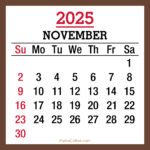 November 2025 Monthly Calendar, Printable Free, Brown, Sunday Start