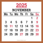 November 2025 Monthly Calendar with Holidays, Printable Free, Beige, Monday Start