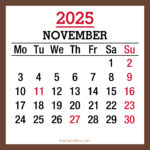 November 2025 Monthly Calendar with Holidays, Printable Free, Brown, Monday Start