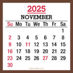 November 2025 Monthly Calendar with Holidays, Printable Free, Brown, Sunday Start