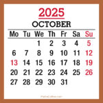October 2025 Monthly Calendar with Holidays, Printable Free, Beige, Monday Start