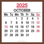 October 2025 Monthly Calendar with Holidays, Printable Free, Brown, Monday Start