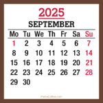 September 2025 Monthly Calendar with Holidays, Printable Free, Brown, Monday Start
