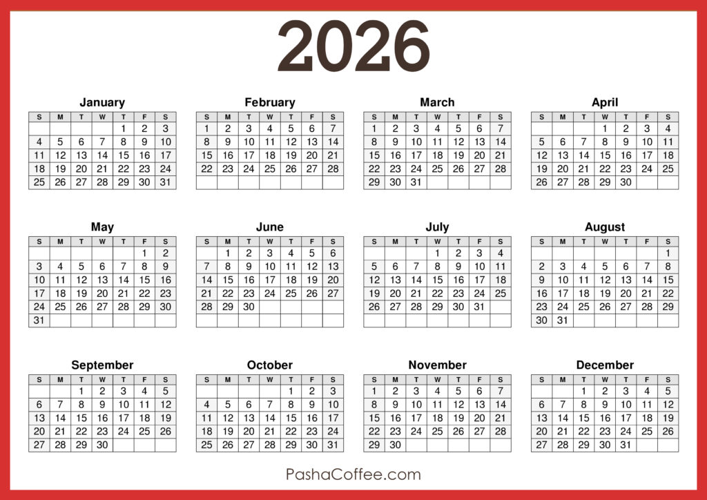 2026 Calendar Printable Free, Horizontal, Red – PashaCoffee.com