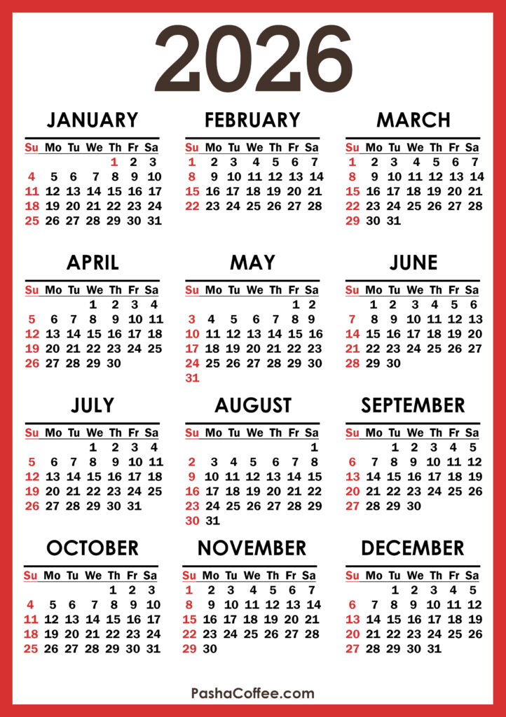 2026 Calendar with Holidays, Printable Free, Vertical, Red ...