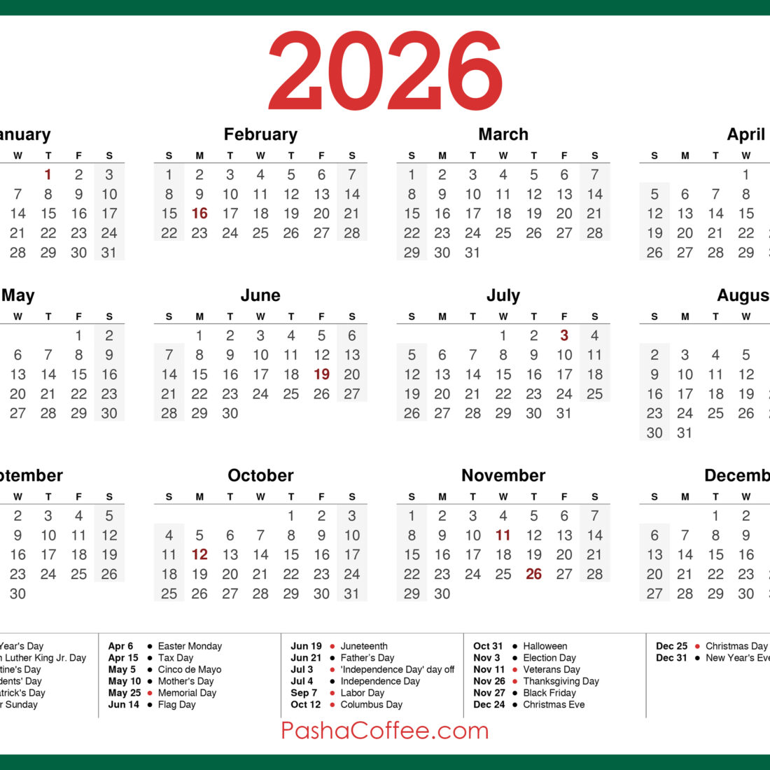 2026 Calendar with Holidays, Printable Free, Horizontal, Red