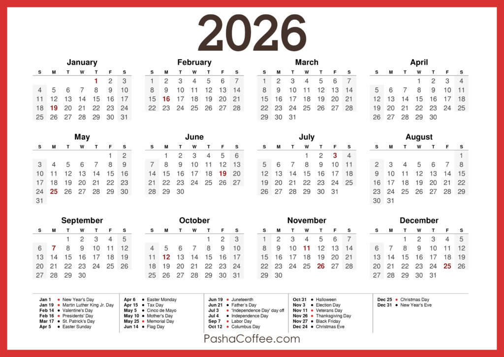 2026 Calendar with Holidays, Printable Free, Horizontal, Red ...