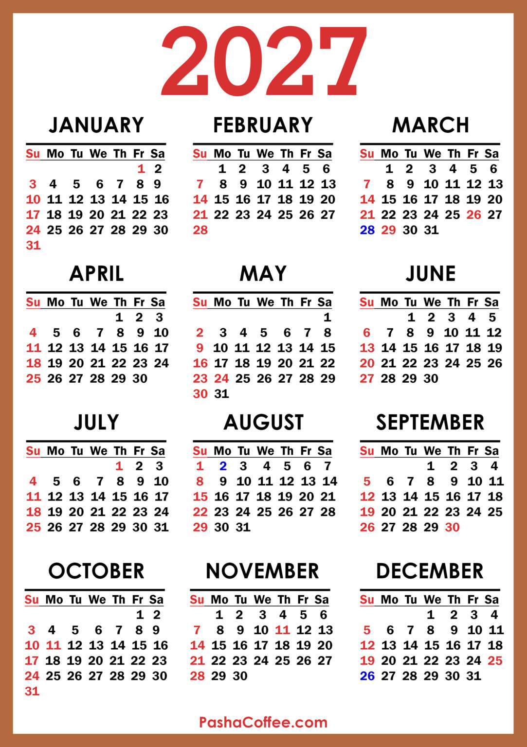 2027 Calendar with Canada Holidays, Printable Free, Vertical