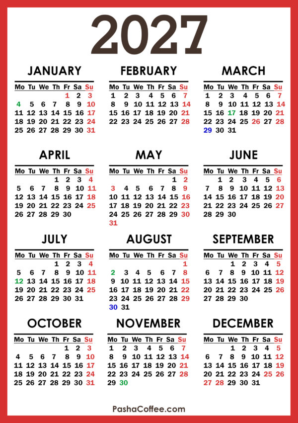 2027 Calendar with UK Holidays, Printable Free, Vertical – PashaCoffee.com