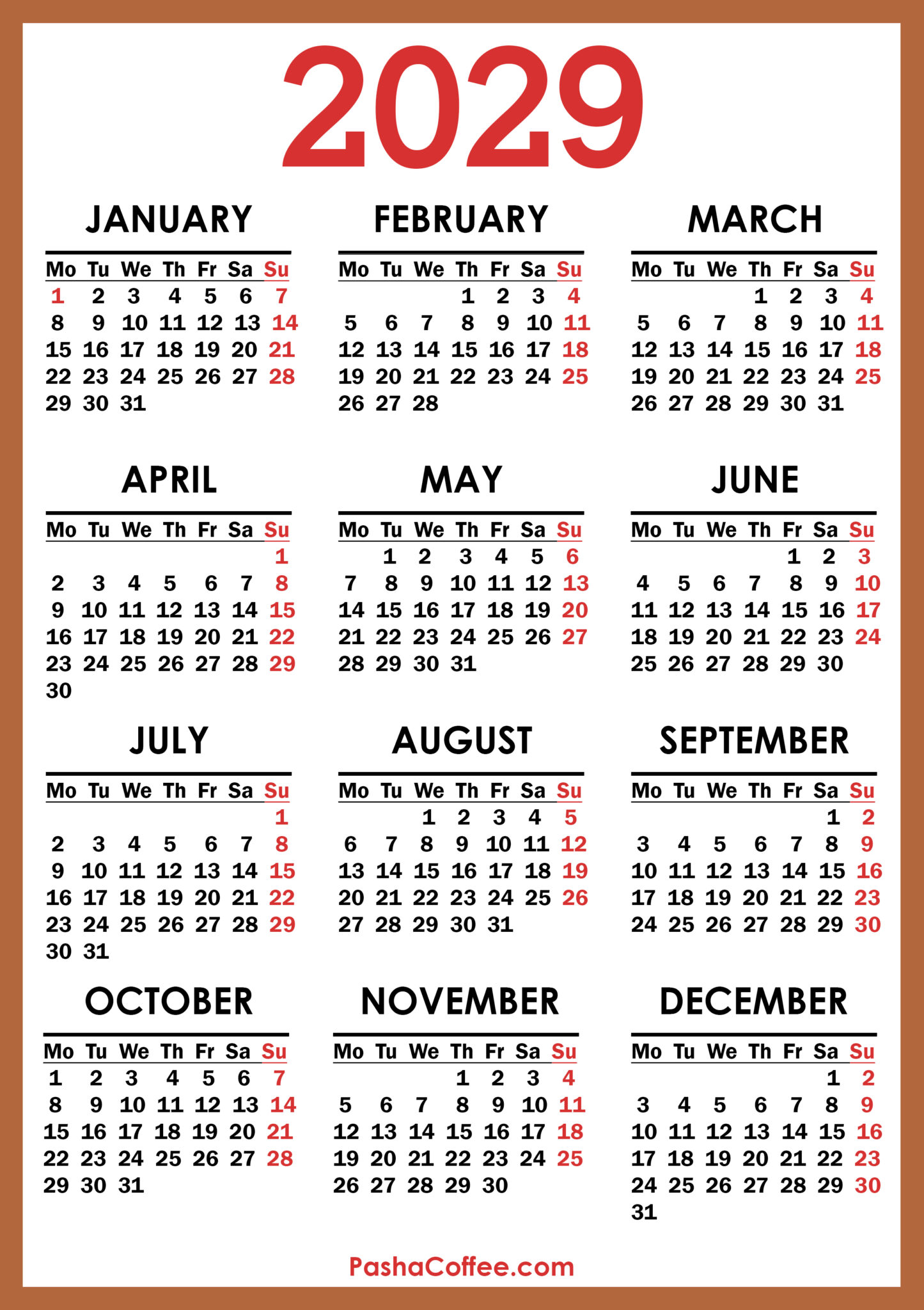 2029 Calendar, Printable Free, Vertical, Monday Start – PashaCoffee.com