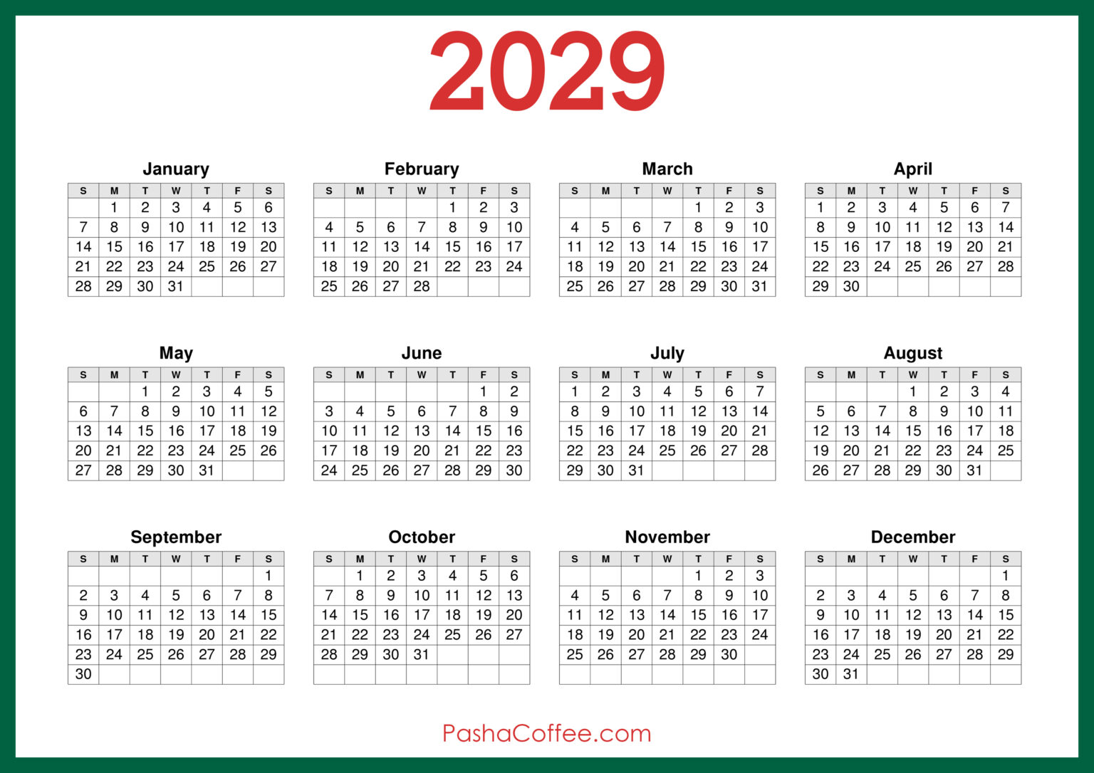 2029 Calendar Printable Free, Horizontal, Green – PashaCoffee.com