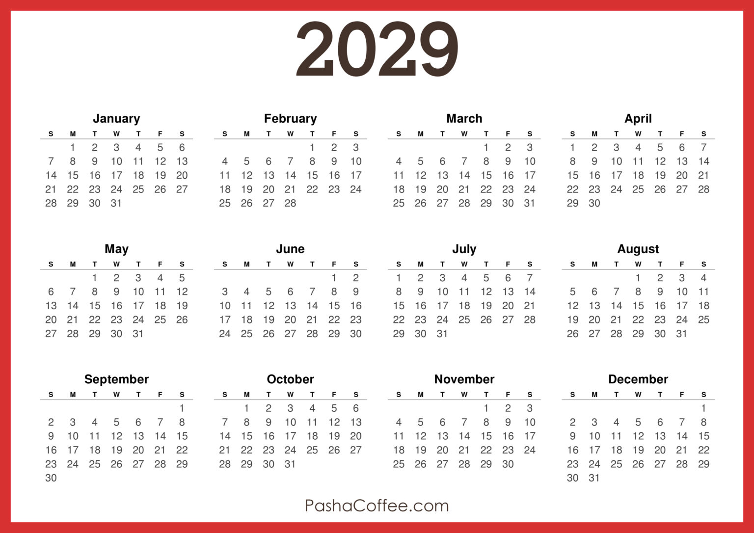 2029 Calendar Printable Free, Horizontal, Red – PashaCoffee.com