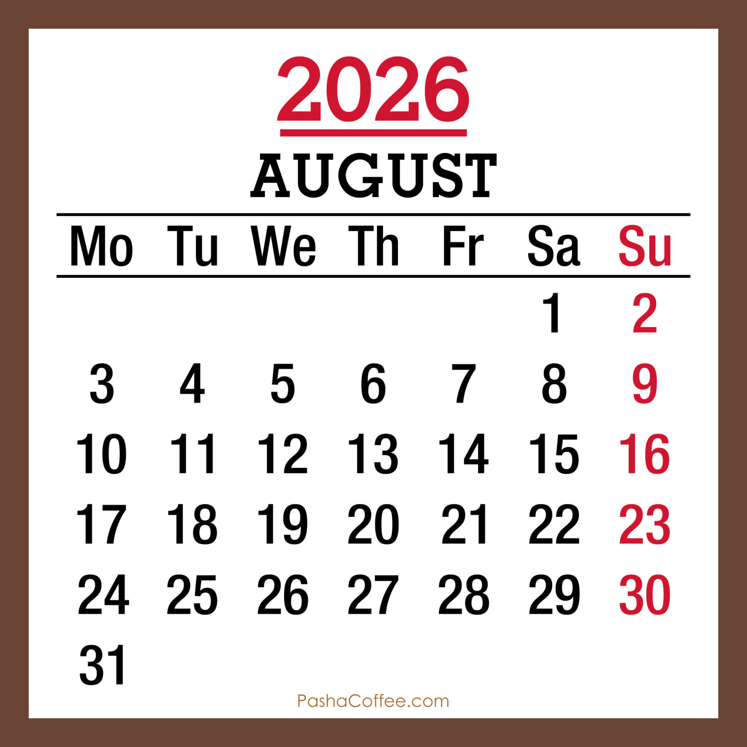 August 2026 Monthly Calendar, Printable Free, Monday Start ...