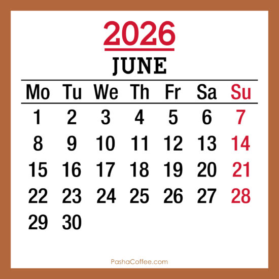 June 2026 Monthly Calendar, Printable Free, Monday Start – PashaCoffee.com