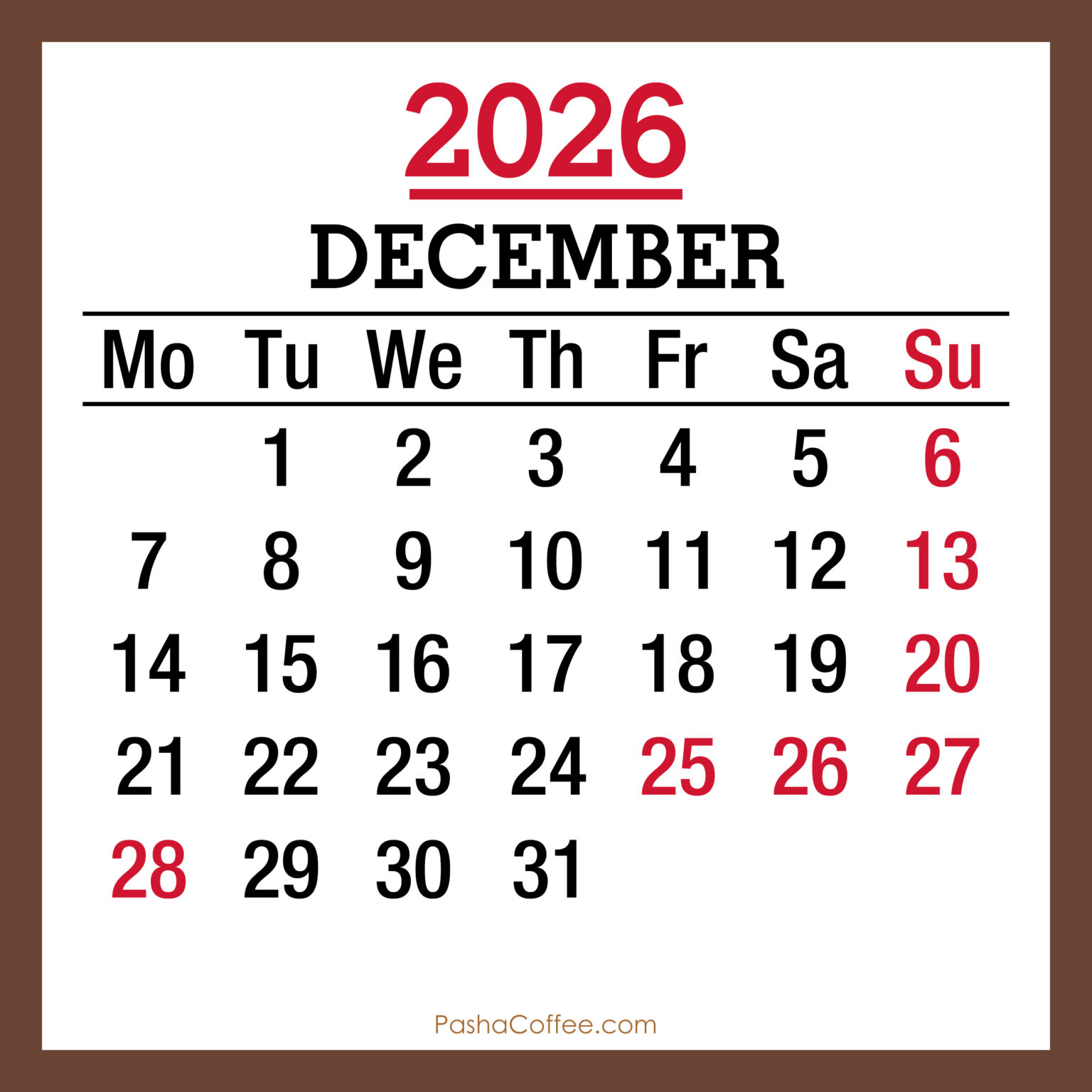 December 2026 Monthly Calendar with UK Holidays, Printable Free, Monday