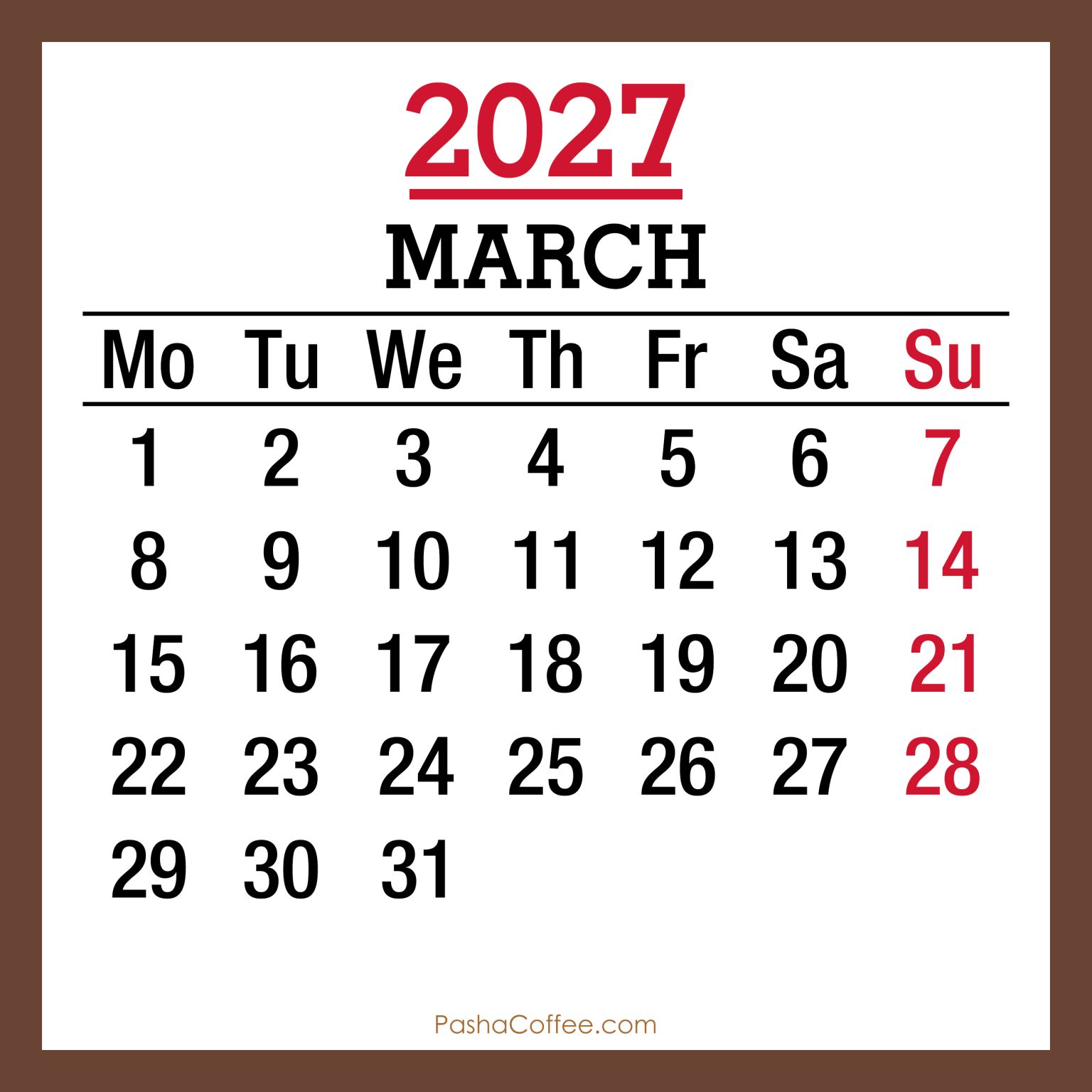 March 2027 Monthly Calendar, Printable Free, Monday Start – PashaCoffee.com