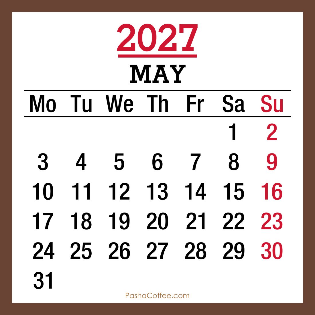 May 2027 Monthly Calendar, Printable Free, Monday Start – PashaCoffee.com