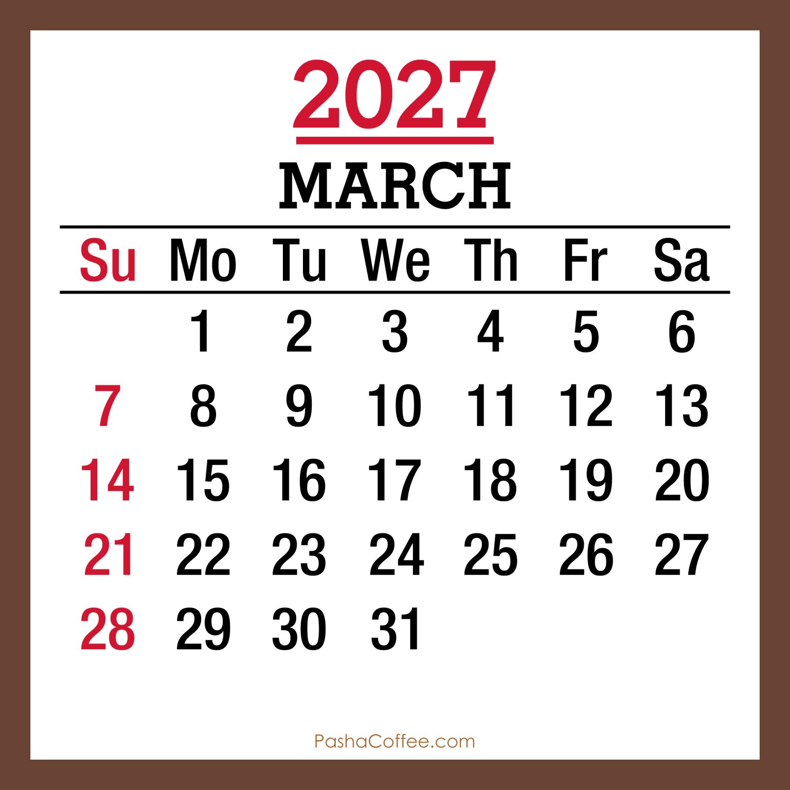 March 2027 Monthly Calendar with Holidays, Printable Free, Sunday Start