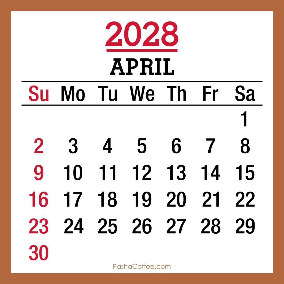 April 2028 Monthly Calendar, Printable Free, Sunday Start – PashaCoffee.com