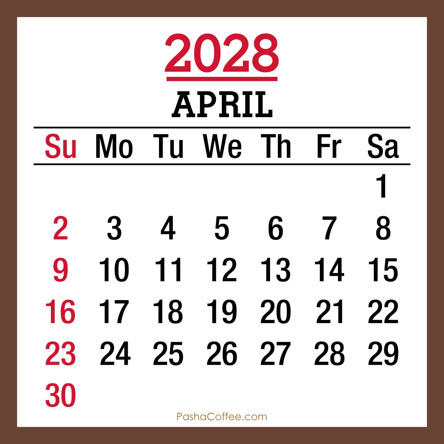 April 2028 Monthly Calendar, Printable Free, Sunday Start – PashaCoffee.com