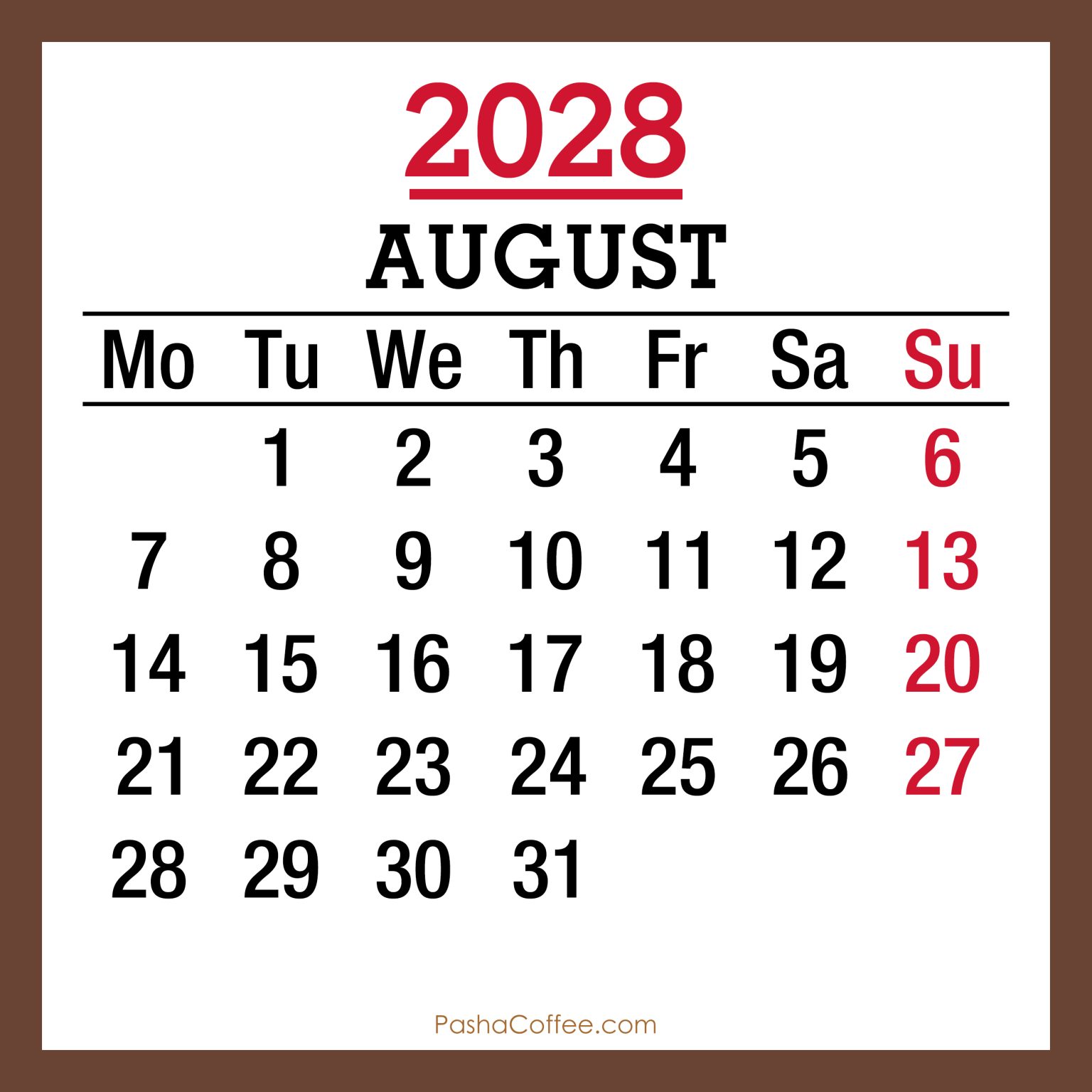 August 2028 Monthly Calendar, Printable Free, Monday Start ...