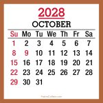 October 2028 Monthly Calendar with Canada Holidays, Printable Free, Sunday Start 2028-Calendar-Canada-Holidays-October-Beige-SS-001