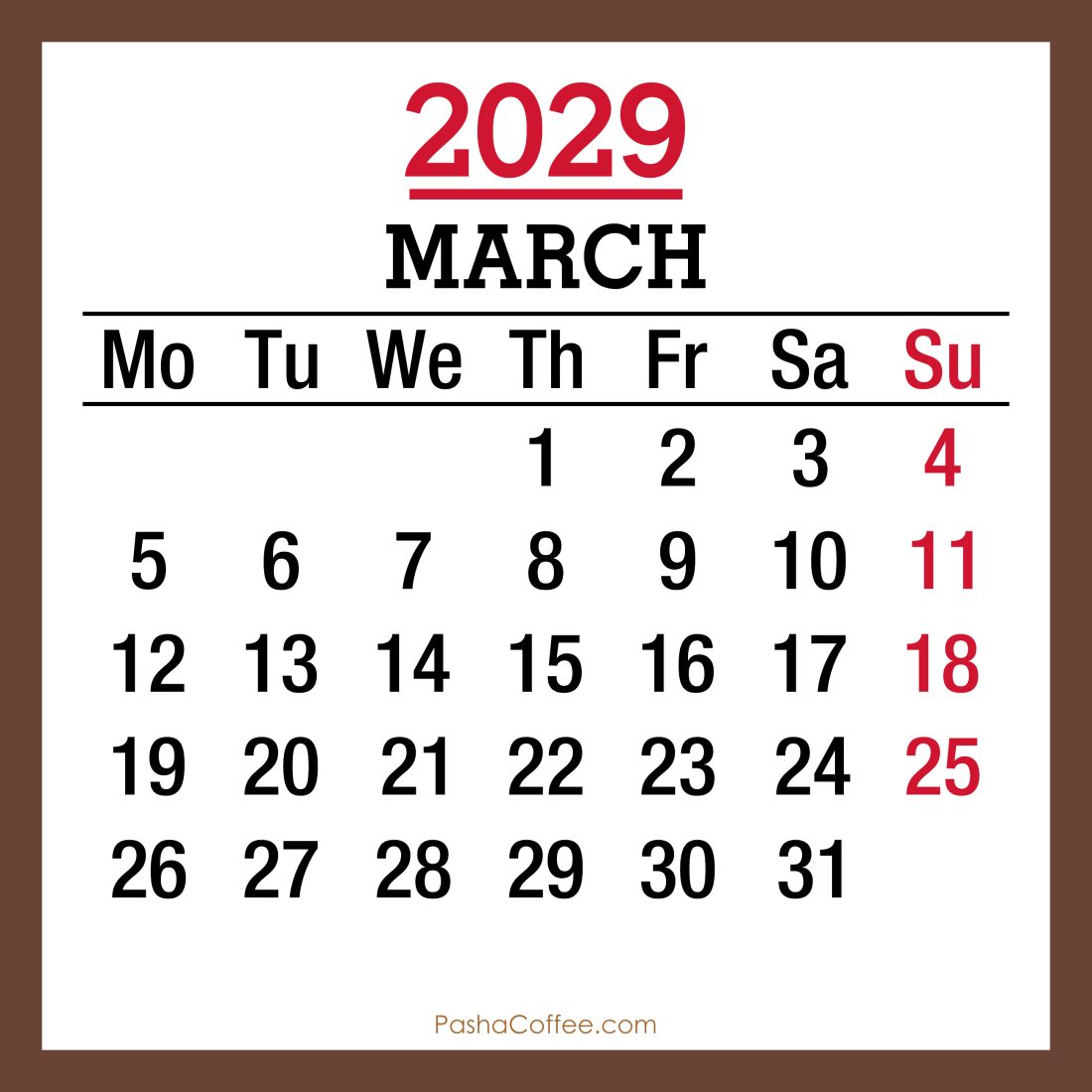 March 2029 Monthly Calendar, Printable Free, Monday Start – PashaCoffee.com