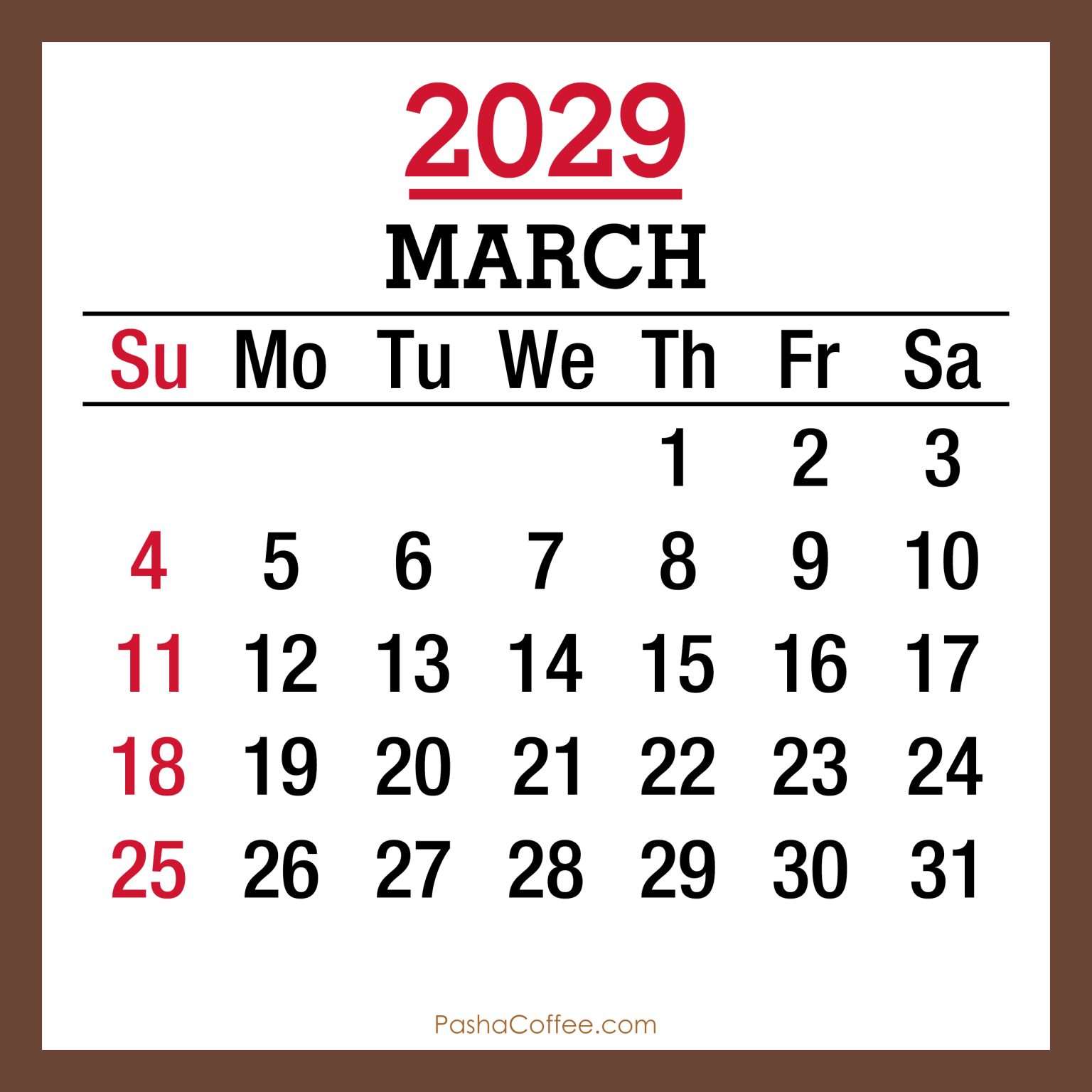 March 2029 Monthly Calendar, Printable Free, Sunday Start – PashaCoffee.com