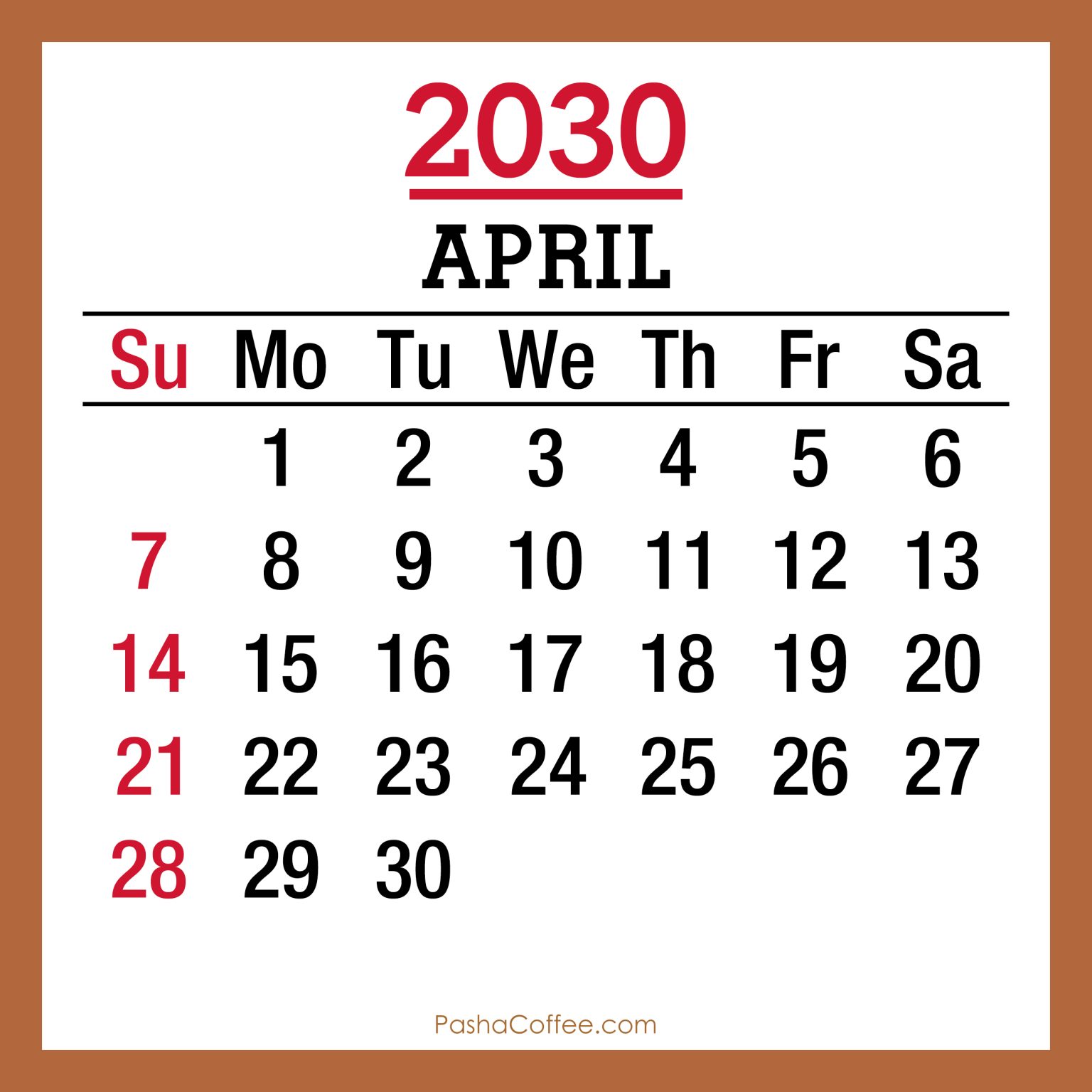 April 2030 Monthly Calendar with Holidays, Printable Free, Sunday Start ...