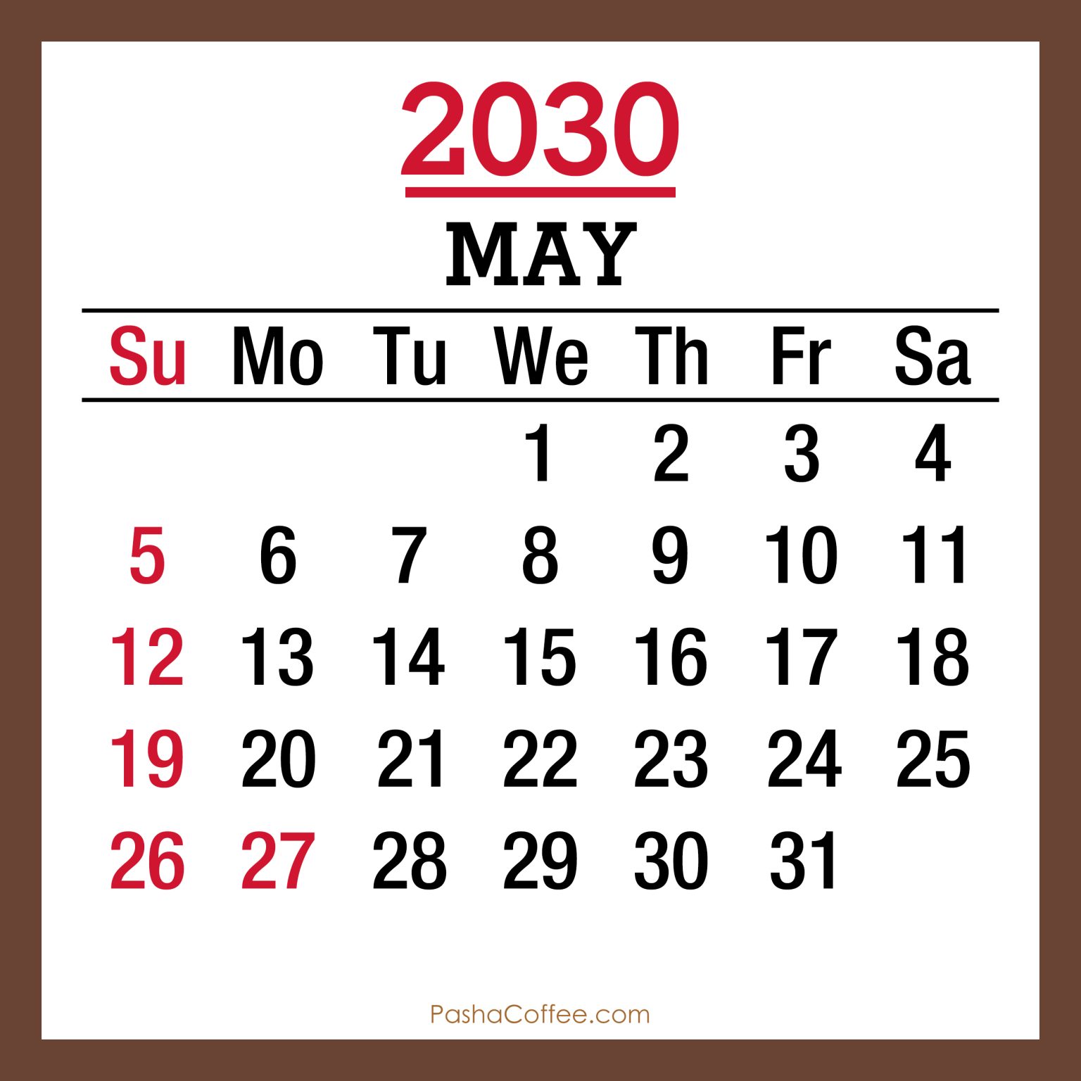 May 2030 Monthly Calendar with Holidays, Printable Free, Sunday Start ...